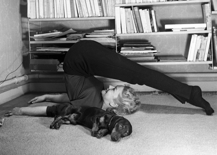 Woman exercising and dog sleeping Woman exercising and dog sleeping