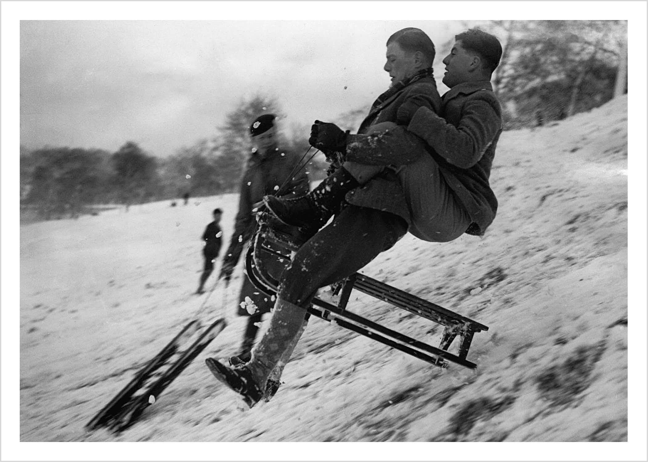 Young men on sledge on Hampstead Heath Young men on sledge on Hampstead Heath